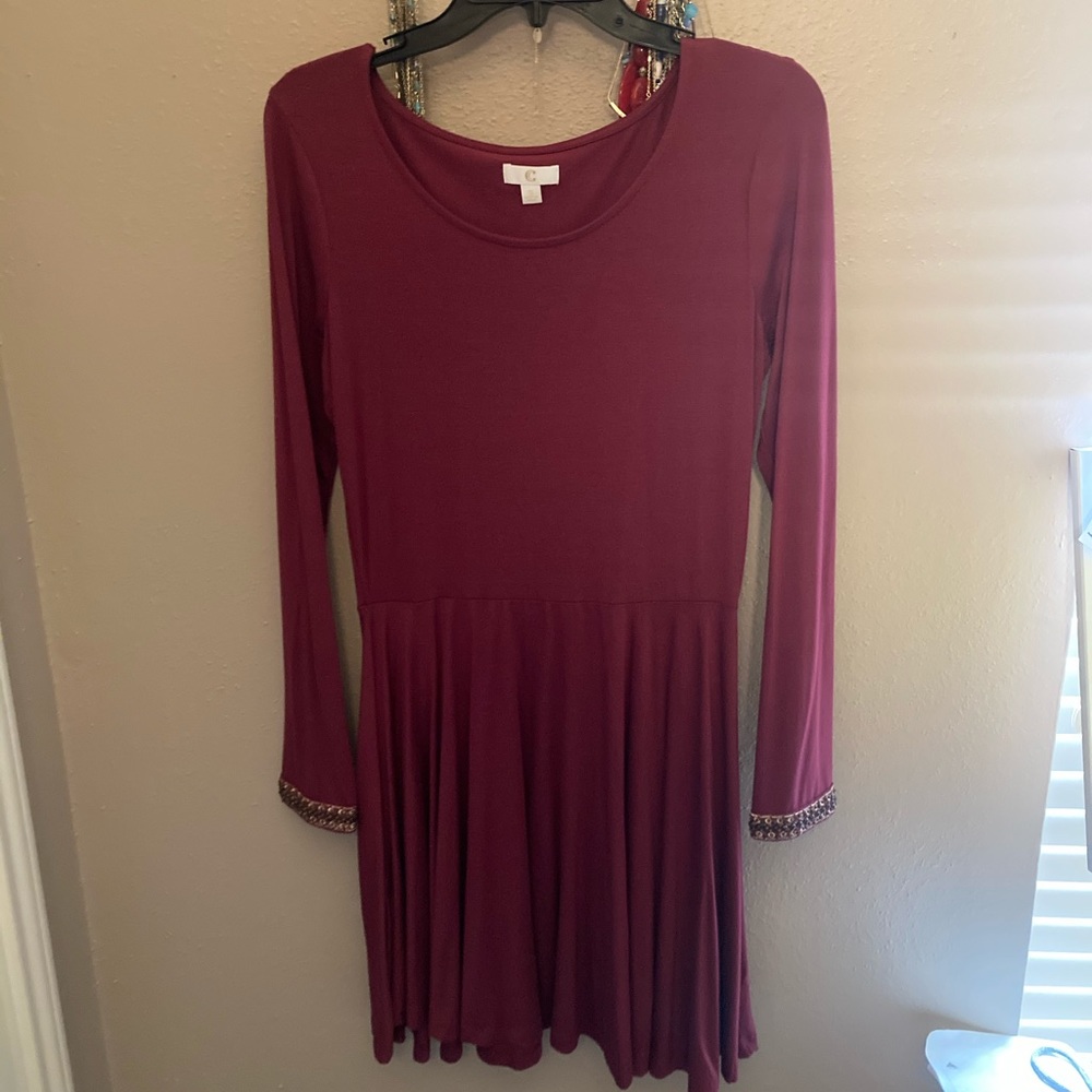 Charming Charlie Burgundy / Maroon / Cranberry Long Sleeve Skater Dress, Small